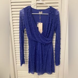 Oh Polly Embellished Wrap Over A-Line Mini Dress in Dark Blue